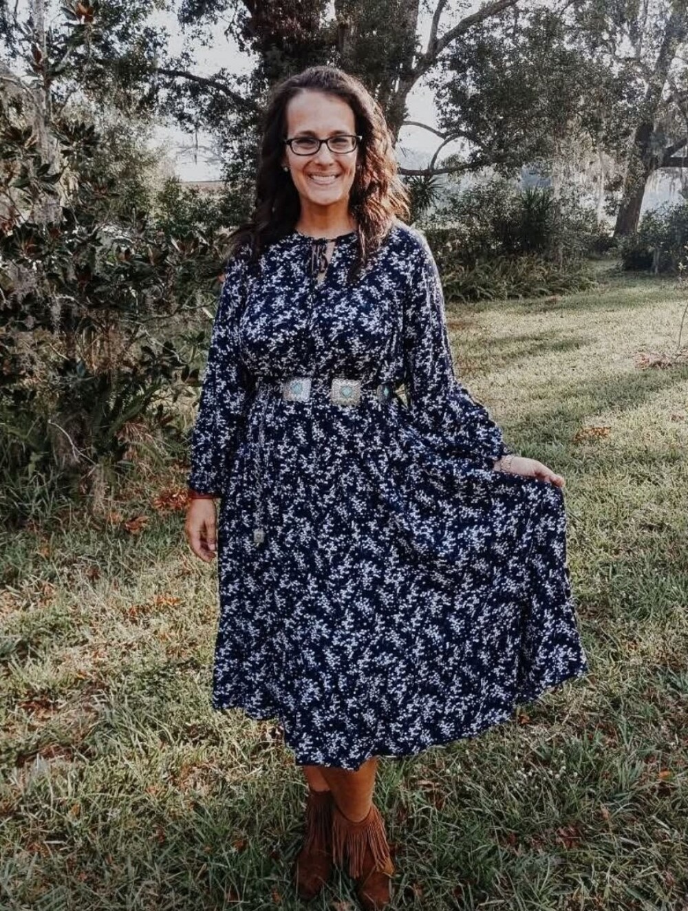 Carly Jean Los Angeles Navy Floral Maxi Boho Cottagecore Fall Size Medium